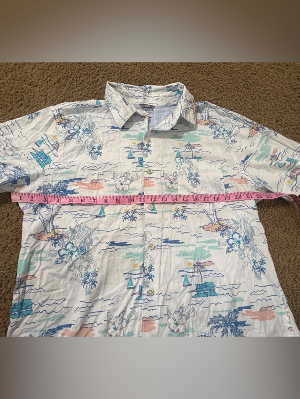 Izod Men's Light Blue Tropical-Print Short-Sleeve Button-Down Shirt Size XL - Picture 8 of 10